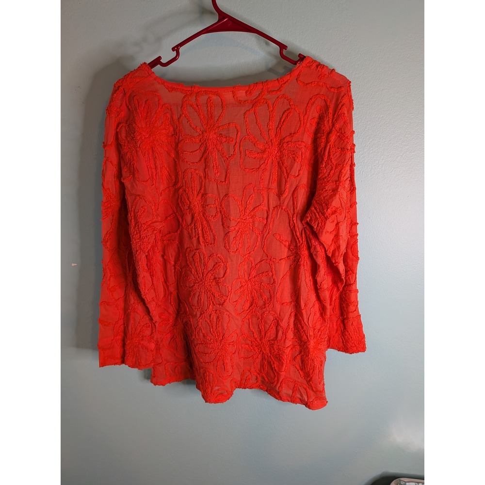 Lulu-B Coral Orange Floral Embroidered Cotton Tunic Top Boho V-Neck Medium - Picture 4 of 5
